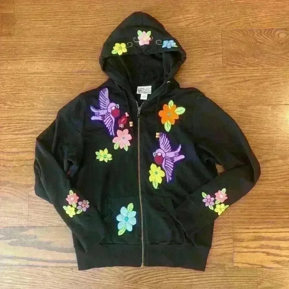 Embroidered Birds Floral Artisanal  Zip Up Hoodie size Medium - Picture 2 of 14